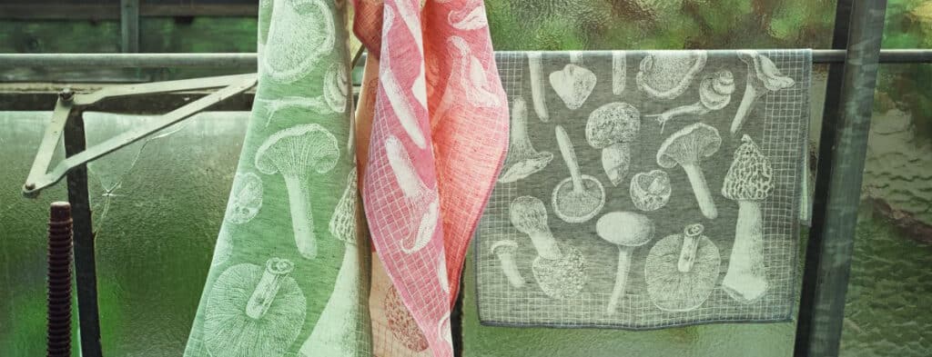 Drei Geschirrtücher von Passion Pilze mit weißen Pilzmotiven hängen nebeneinander an einer Metallstange vor einem Milchglasfenster. Die grünen, roten und grauen Tücher heben sich charmant von dem sanft getönten Hintergrund ab.