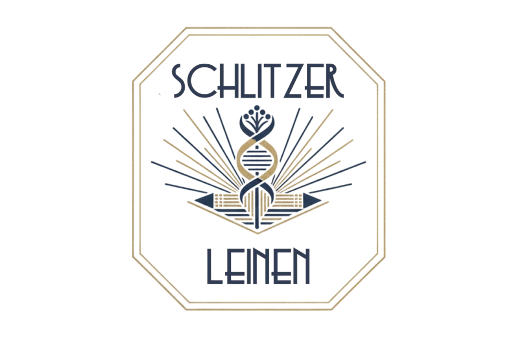 Art Deco style logo with the lettering "Schlitzer Leinen" above and below a stylized textile design, radial lines, and geometric patterns in navy blue and gold, framed by an octagonal border.