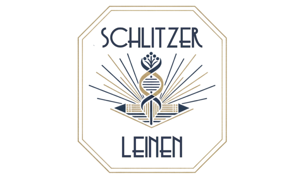 Logo im Art-Déco-Stil mit dem Schriftzug Schlitzer Leinen über und unter einem stilisierten Textildesign, strahlenförmigen Linien und geometrischen Mustern in Marineblau und Gold, umrahmt von einem achteckigen Rahmen.