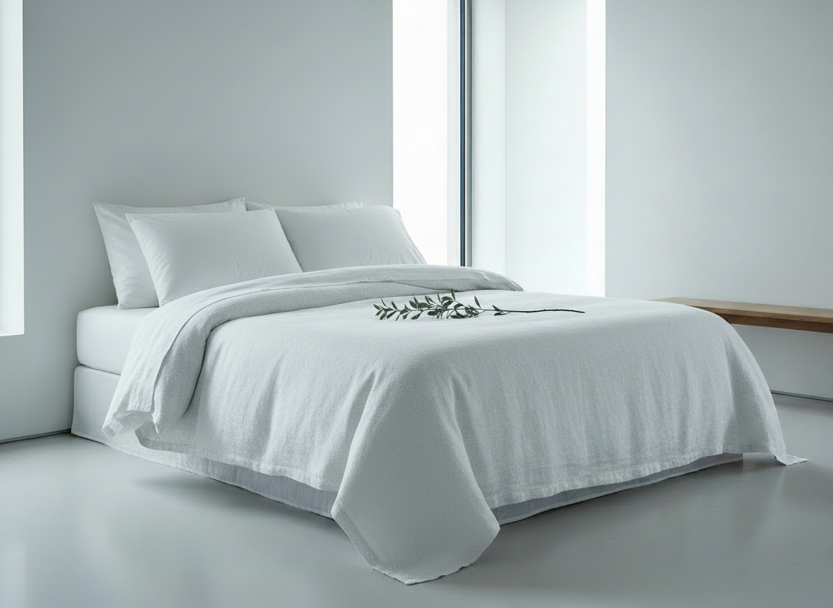 Ein modernes, minimalistisches Schlafzimmer mit Leinen Bettwäsche Fischgrat in Weiß von Vieböck 273, zwei Kissen, einem Ast mit grünen Blättern auf dem Bett, großen Fenstern und einer einfachen Holzbank vor einer schlichten weißen Wand.