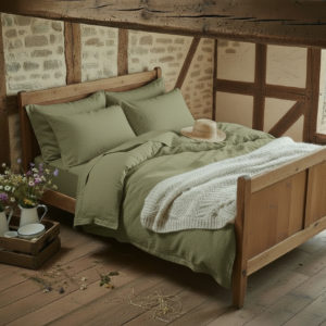 Ein gemütliches rustikales Schlafzimmer mit einem Holzbett mit Bio Leinen Bettwäsche Olive von Vieböck 275ö, grüner Bettwäsche, einer cremefarbenen Strickdecke und einem Strohhut. Auf dem sonnenbeschienenen Holzboden stehen Wildblumen und ein Teeservice.