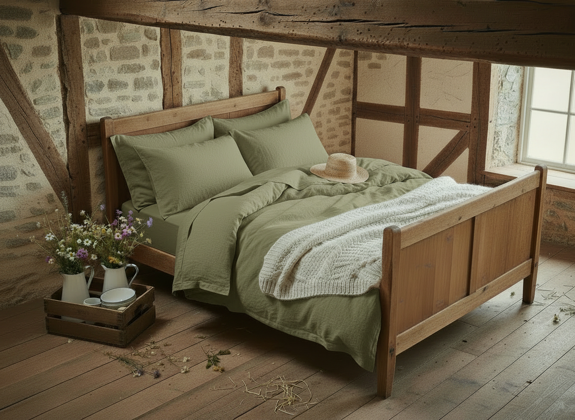 Ein gemütliches rustikales Schlafzimmer mit einem Holzbett mit Bio Leinen Bettwäsche Olive von Vieböck 275ö, grüner Bettwäsche, einer cremefarbenen Strickdecke und einem Strohhut. Auf dem sonnenbeschienenen Holzboden stehen Wildblumen und ein Teeservice.