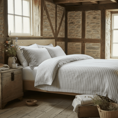 Ein gemütliches, rustikales Schlafzimmer mit Steinwänden, Holzbalken und einem Holzbett, das mit Bio Leinen Bettwäsche mit Streifen von Vieböck 268ö bezogen ist. Das Sonnenlicht strömt durch die Fenster und bringt Wildblumen und eine Holztruhe zum Vorschein, die für ländlichen Charme sorgen.