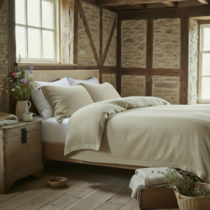 Ein gemütliches, rustikales Schlafzimmer mit einem Holzbett mit Bio Leinen Bettwäsche mit feinem Fischgrat von Vieböck 203, cremefarbener Bettwäsche, freiliegenden Steinwänden und einem hölzernen Nachtkästchen mit Blumen. Das Sonnenlicht durchflutet den Raum und sorgt für eine warme, einladende Atmosphäre.