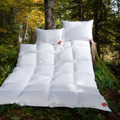 A Down Silver Down Pillow by HEFEL and a white duvet lie on green grass and moss in a sunlit forest, with sunlight filtering through the trees.