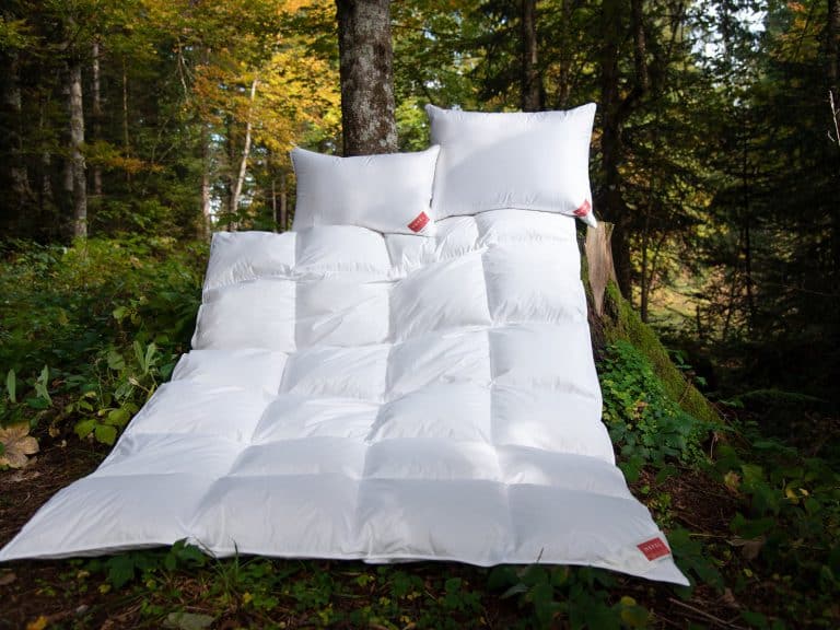 A Down Silver Down Pillow by HEFEL and a white duvet lie on green grass and moss in a sunlit forest, with sunlight filtering through the trees.