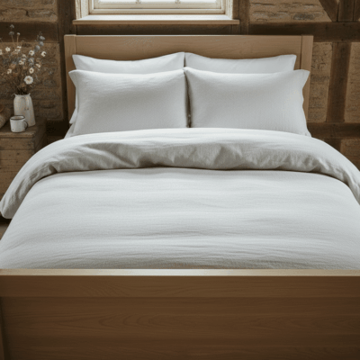 Ein ordentlich gemachtes Bett mit Hanf Bettwäsche Natur von Vieböck 226/00 steht in einem gemütlichen rustikalen Schlafzimmer mit Holzwänden. Ein kleiner Tisch mit einer Vase mit Blumen und einem Hut steht neben dem Bett unter dem Fenster.