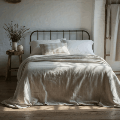 In a sun-drenched bedroom, a metal-framed bed with organic linen bedding with fine herringbone from Vieböck 273ö/90, a plaid pillow, a wooden stool with wildflowers and a teapot as well as a rustic ladder with a towel stand in front of a white brick wall.