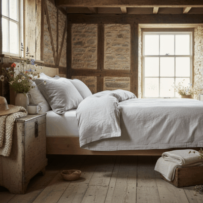 Ein gemütliches Schlafzimmer mit Steinwänden, Holzbalken und einem ordentlich gemachten Bett, bezogen mit Hanf und Leinen Bettwäsche Hellgrau von Vieböck 226/04. Wildblumen, eine rustikale Truhe und ein Strohhut vervollständigen die einladende, rustikale Atmosphäre.
