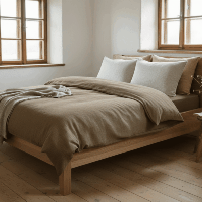Ein ordentlich gemachtes Bett mit Bio Leinen Bettwäsche mit feinem Fischgrat von Vieböck 273ö/90 und weißen Kissen steht in einem minimalistischen Schlafzimmer mit Holzböden, zwei Fenstern, einem Hocker mit Blumen und sanftem, natürlichem Licht, das den Raum erfüllt.