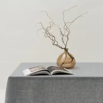 Eine einfache Szene mit einem mit grauer Tischdecke bedeckten Tisch, auf dem ein aufgeschlagenes Buch liegt, und einer braunen Glasvase mit kahlen, sich windenden Zweigen vor einem schlichten hellen Hintergrund.