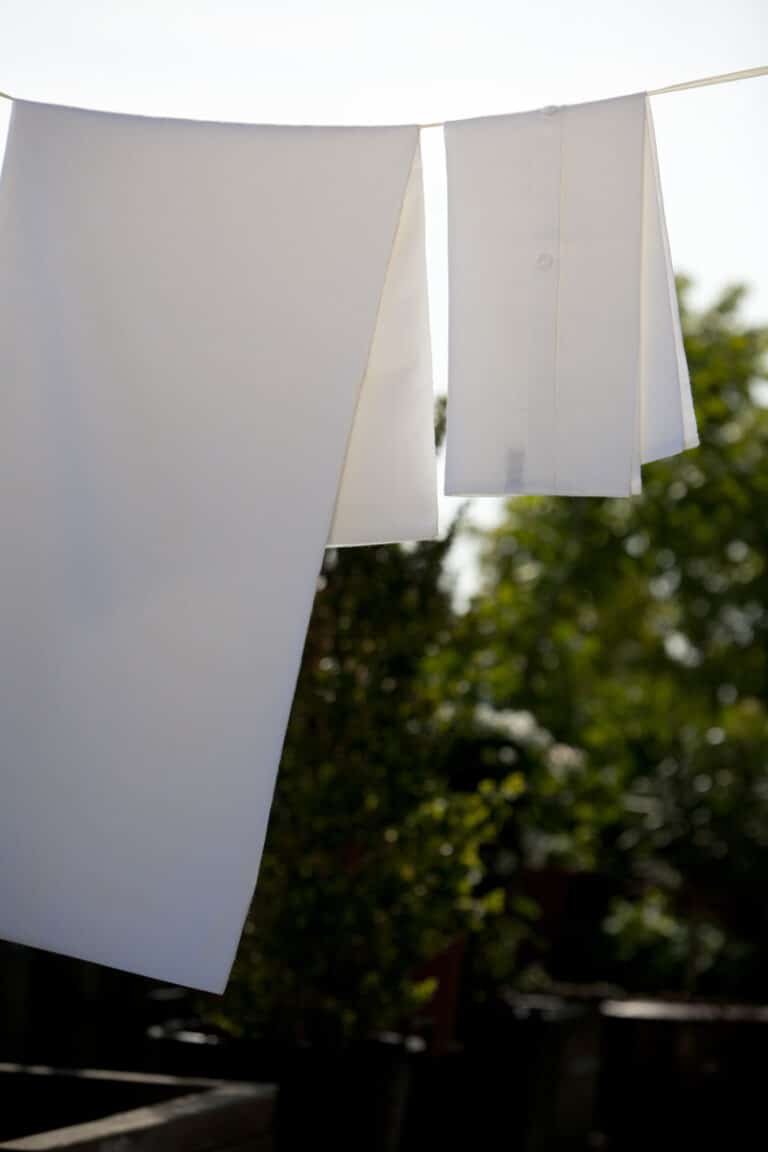 Two white items of clothing, including a shirt, hang on a washing line outside with green trees and sunlight in the background.
