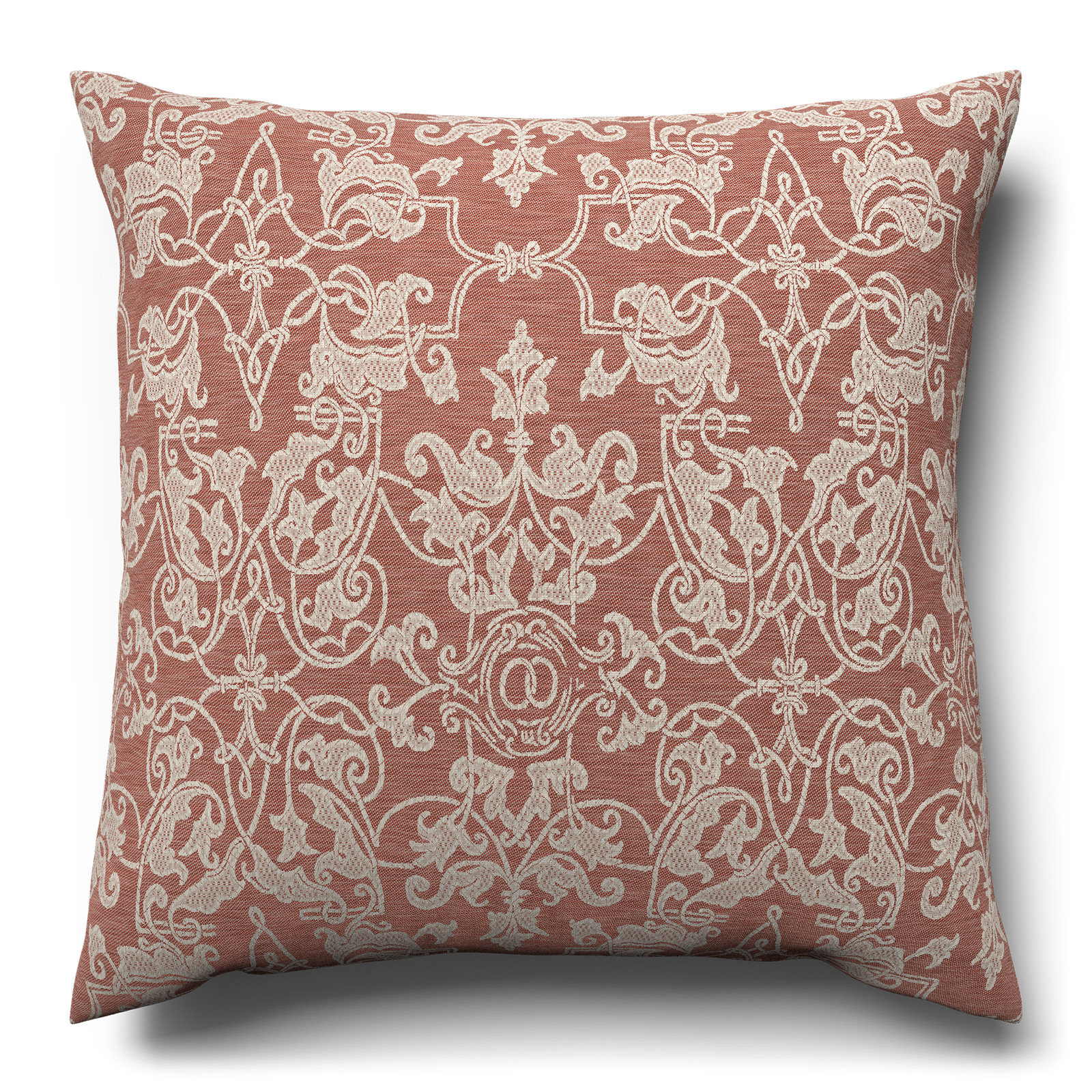 A red and white cushion on a white background.