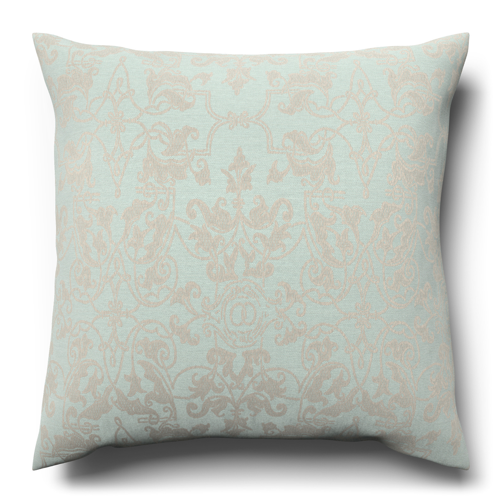 A light blue and beige cushion with a floral pattern.