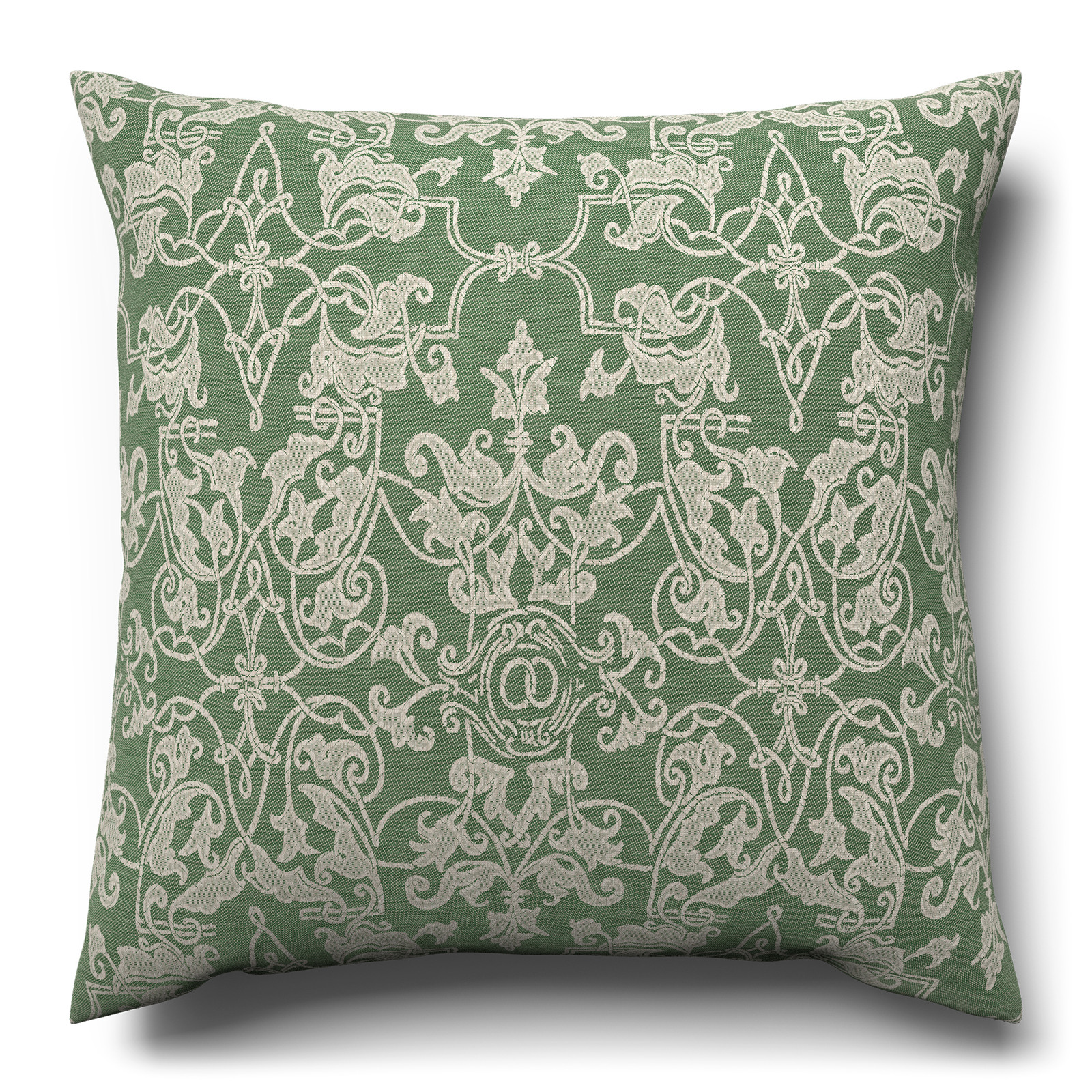 A green and white cushion on a white background.