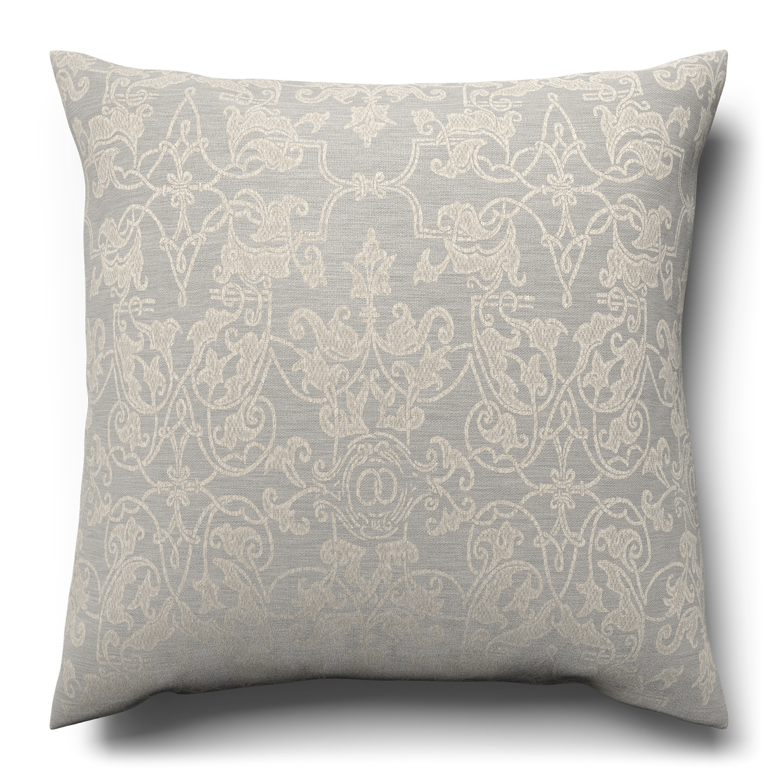 A gray and white cushion on a white background.