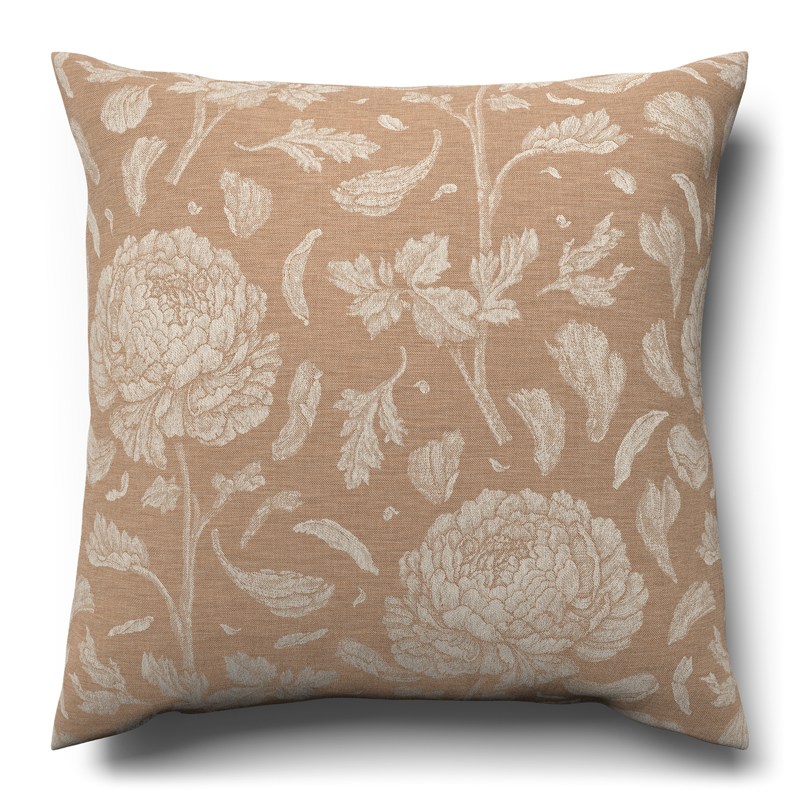 A light brown and white floral cushion on a white background.
