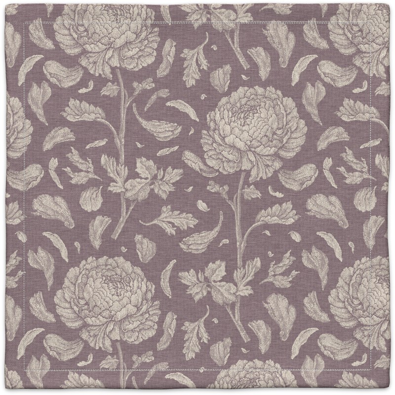 A purple and white floral pattern on a linen background.