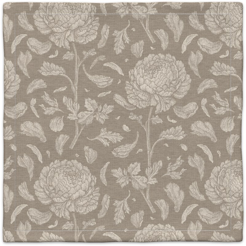 A brown and white floral pattern on a linen background.