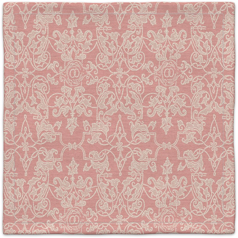 A pink carpet with white patterns on it.