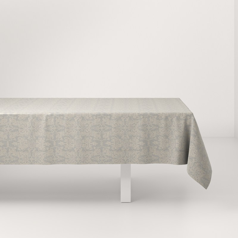 A table with a white tablecloth on it.
