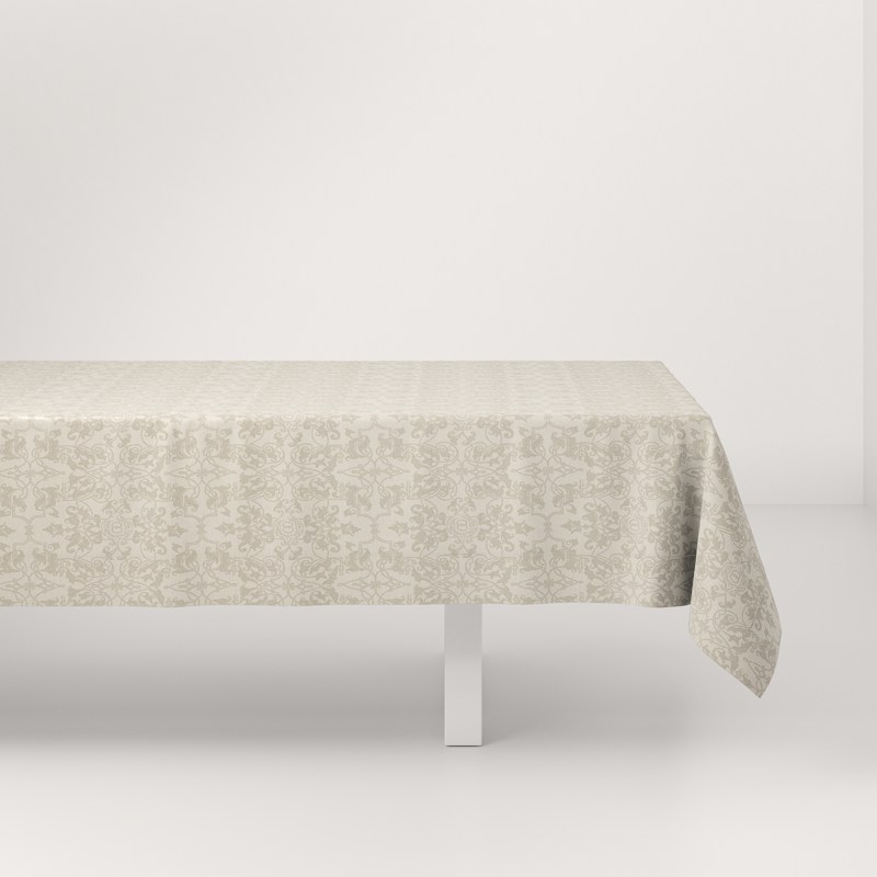 A table with a white tablecloth on it.