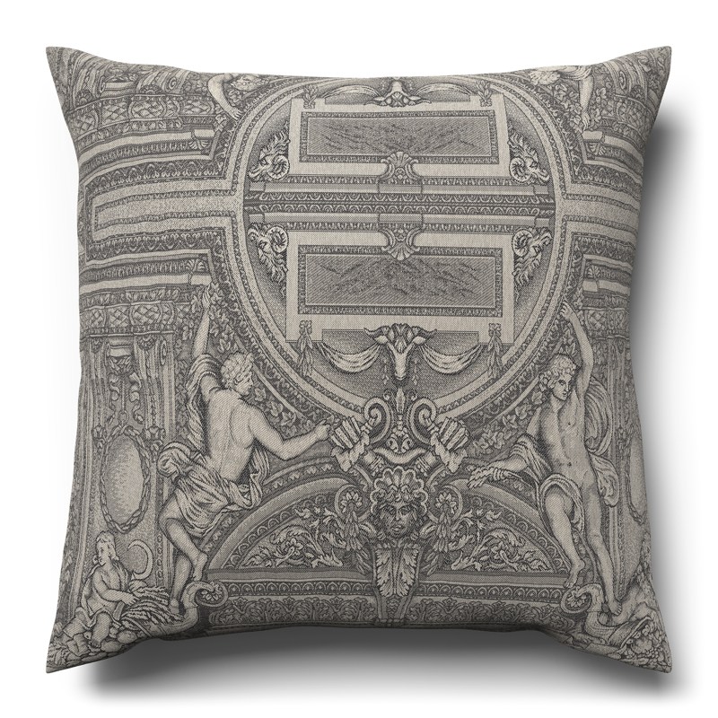 A black and white photo of a decorative cushion.