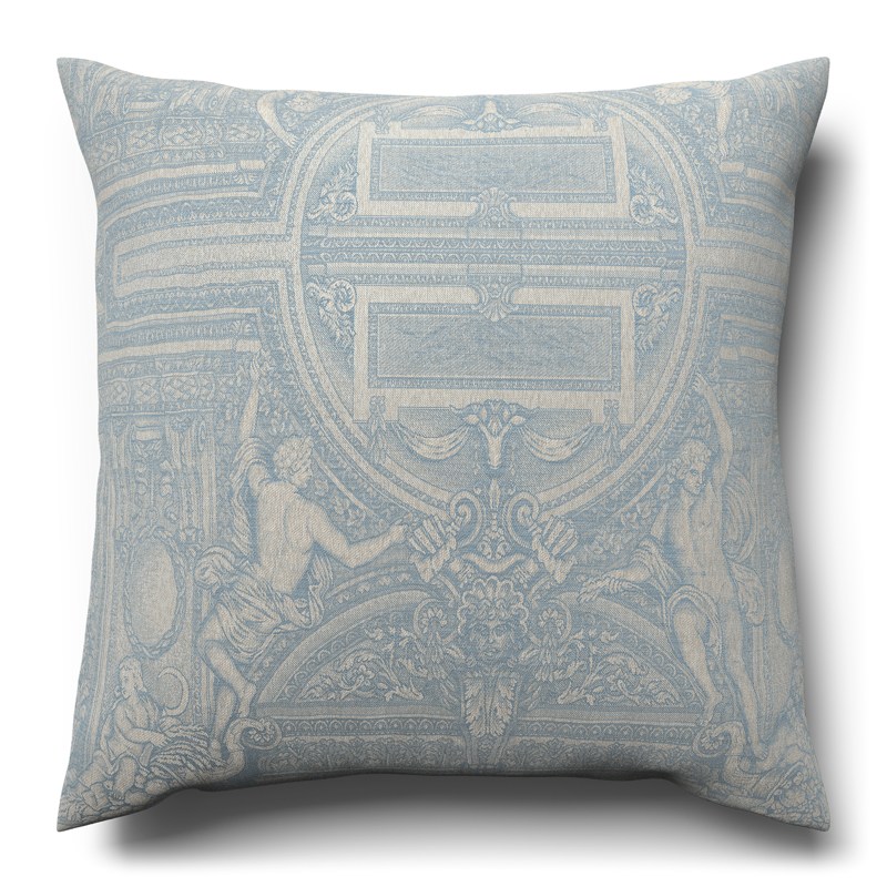 A blue and white cushion with a decorative pattern.