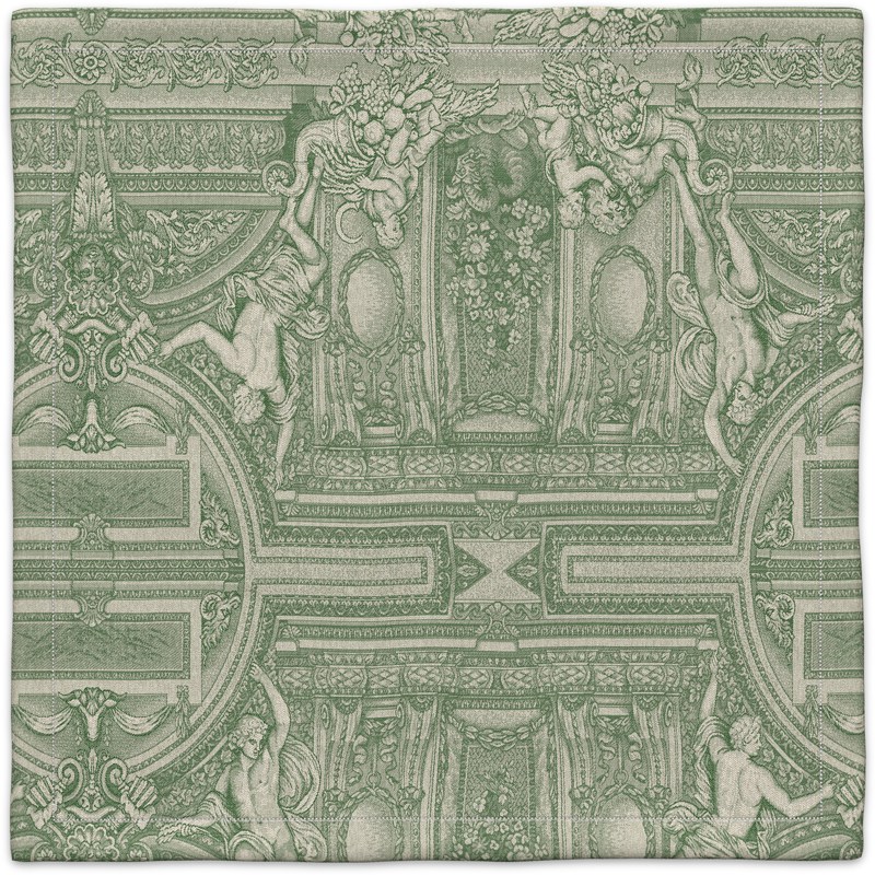 A green and white wallpaper with ornate patterns.