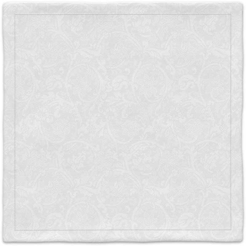 A white napkin with a floral pattern on it.