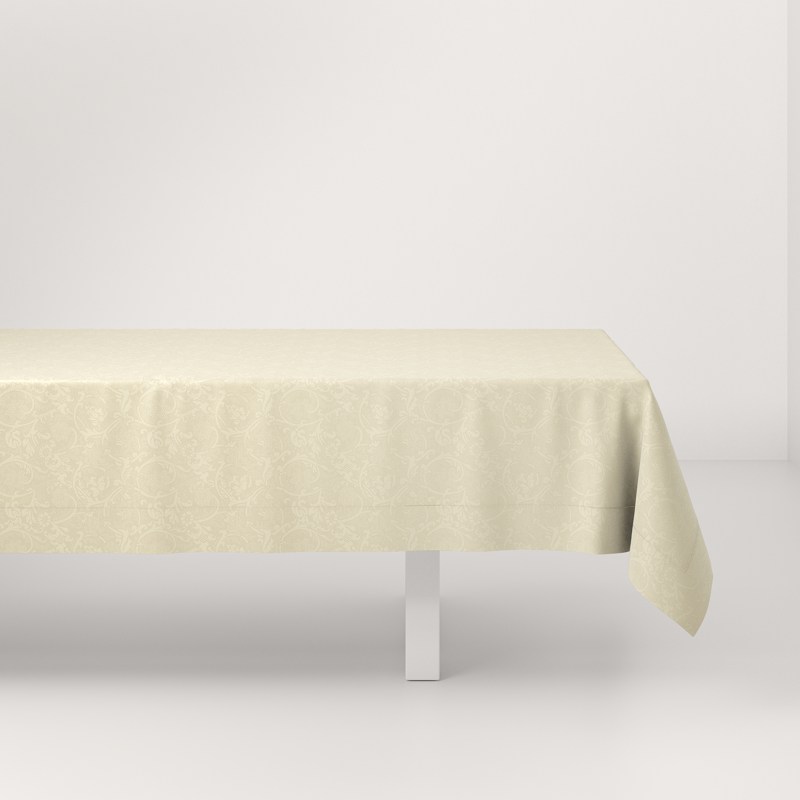 A table with a white tablecloth on it.