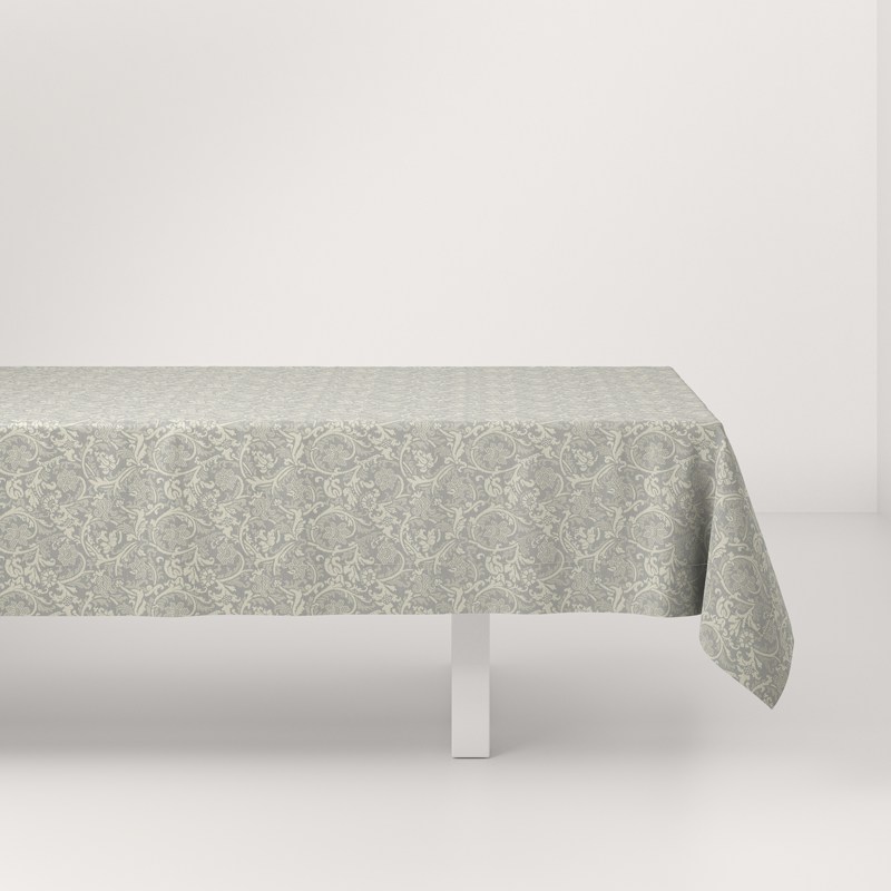 A table with a white tablecloth on it.