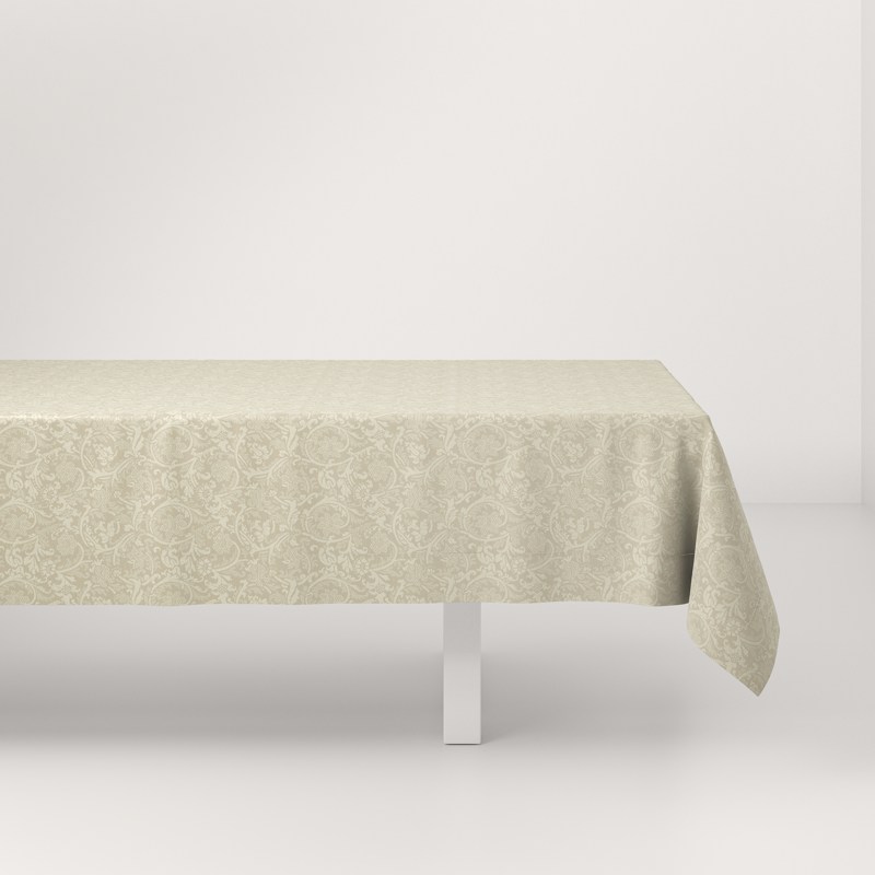 A table with a white tablecloth on it.