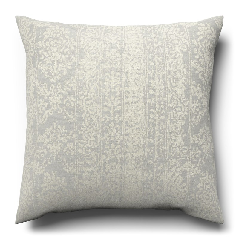 A gray and white cushion on a white background.