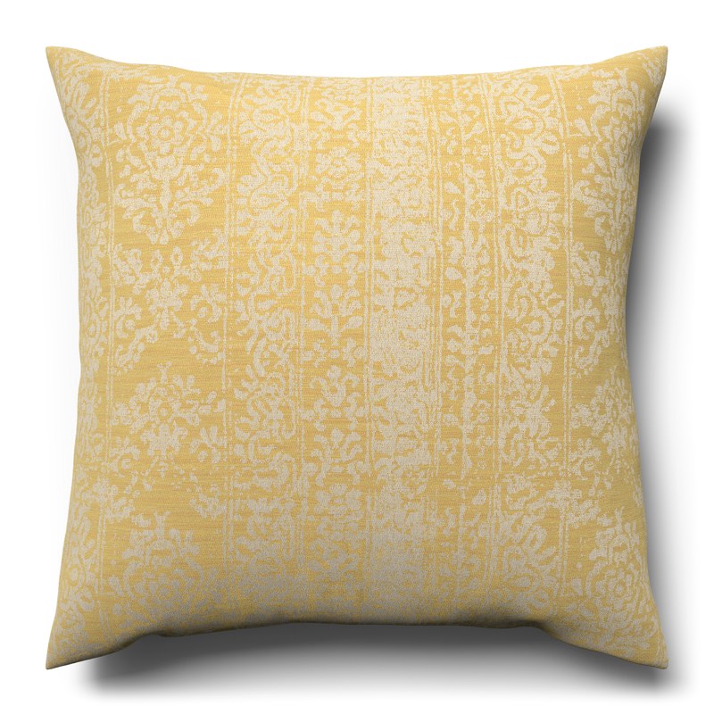 A yellow and white cushion on a white background.