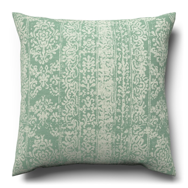 A green and white cushion on a white background.