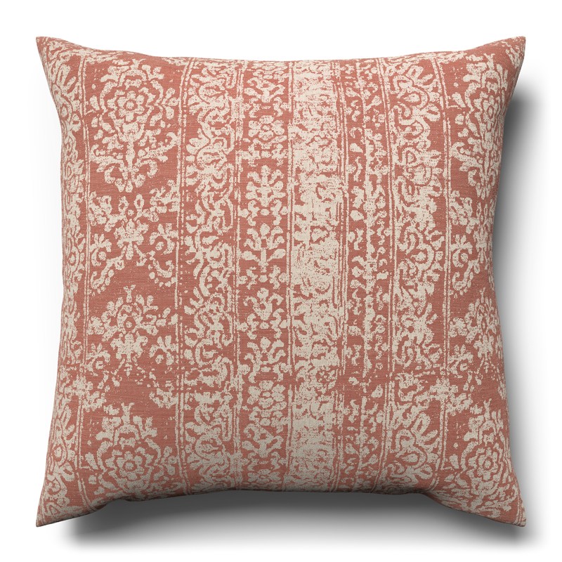 A red and white cushion on a white background.