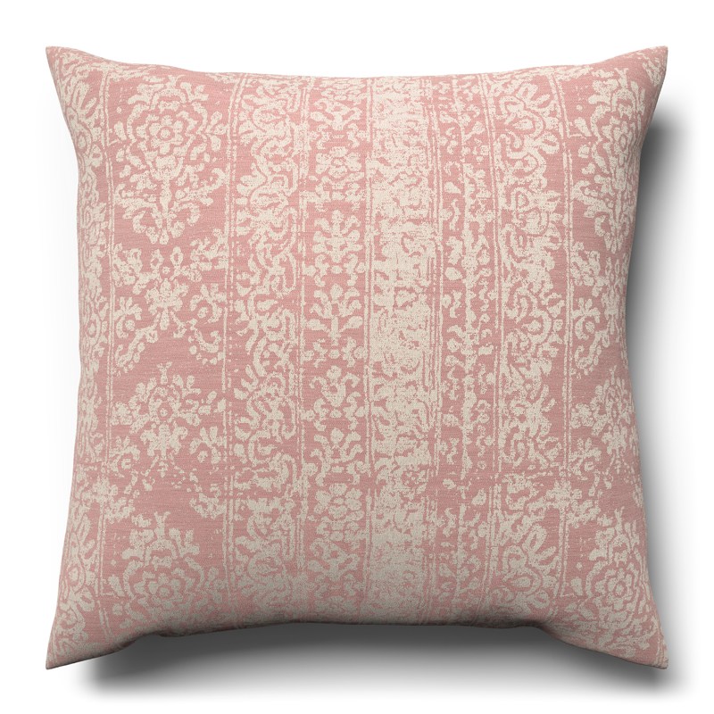 A pink and white cushion on a white background.
