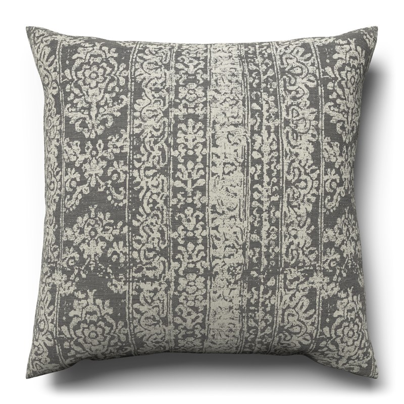 A gray and white cushion on a white background.