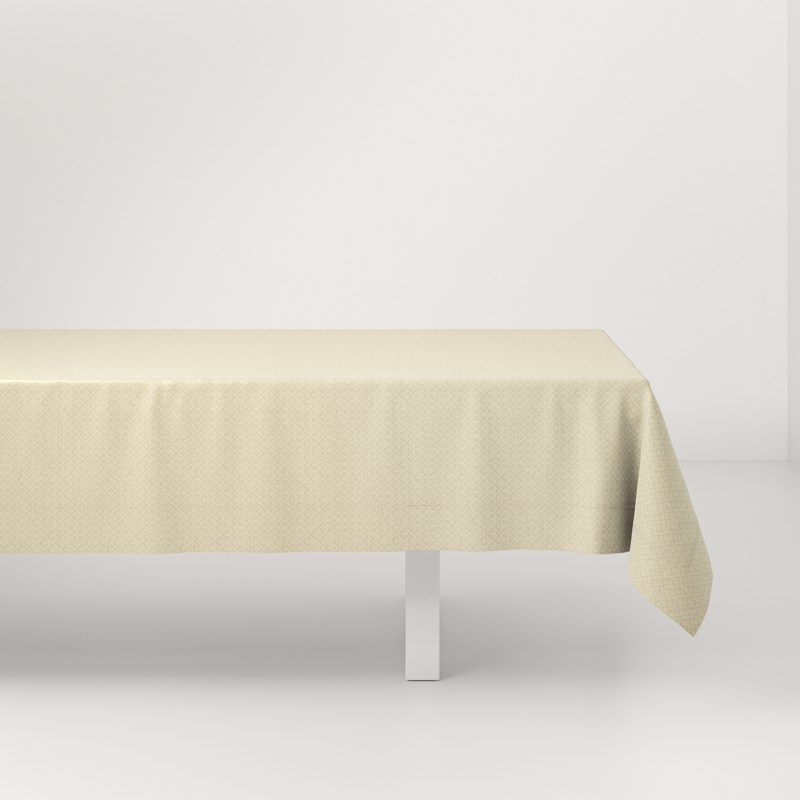 A table with a white tablecloth on it.