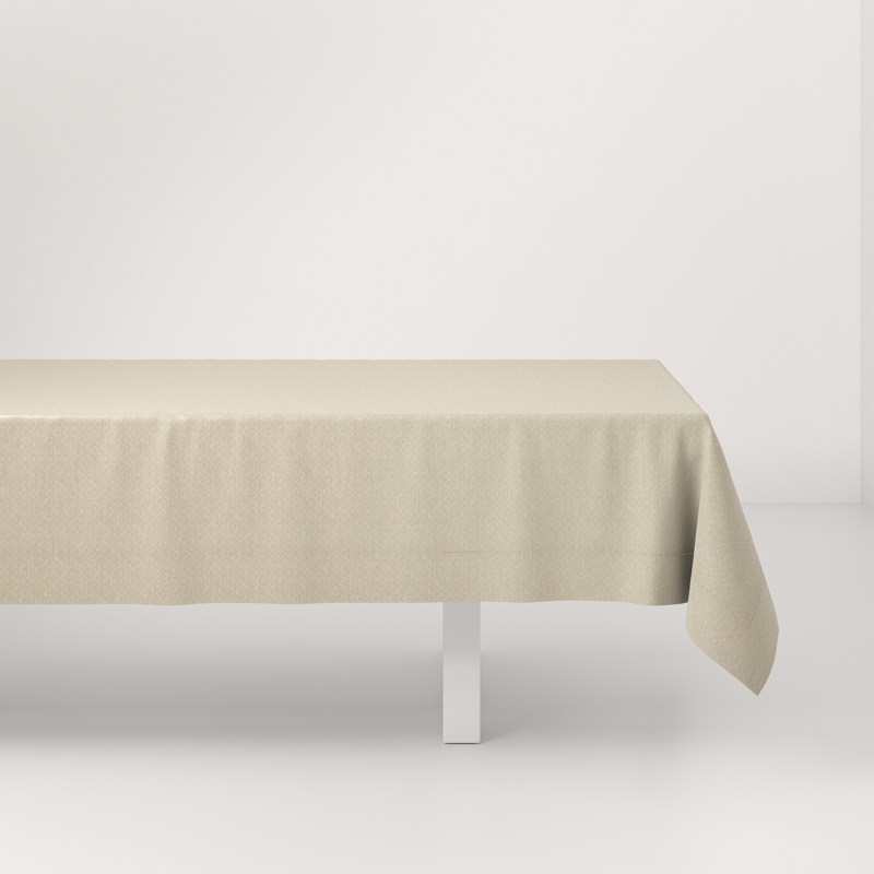 A table with a white tablecloth on it.