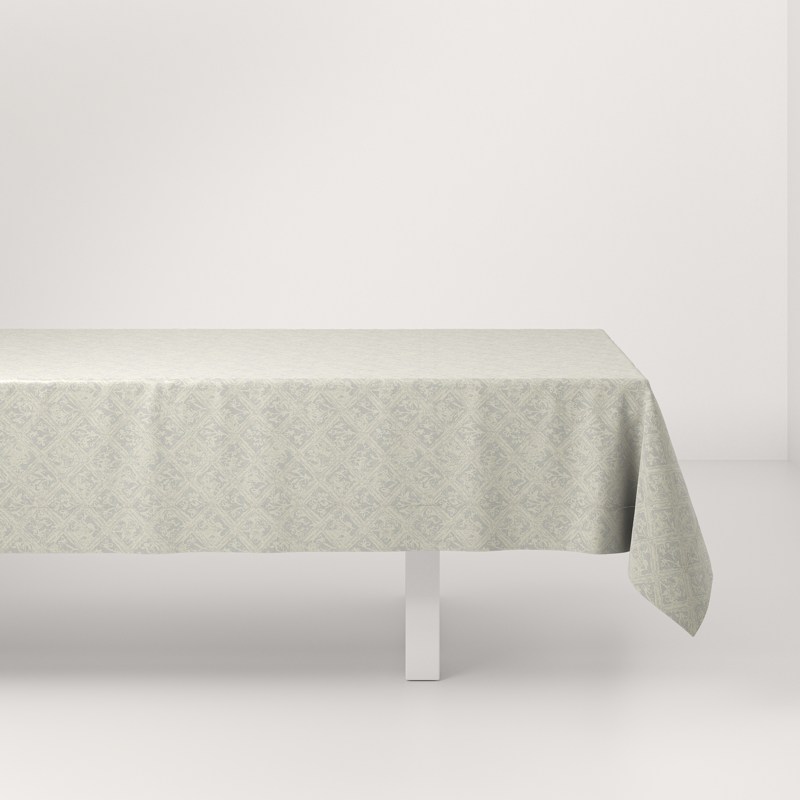 A table with a white tablecloth on it.