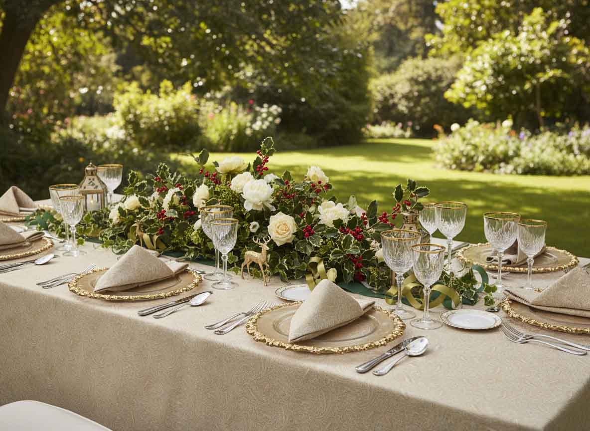 Elegant outdoor dining set with holly linen table linen from Leitner Leinen, gold-colored plates, glasses, beige napkins and a centerpiece of white roses and red berries against a green garden background.