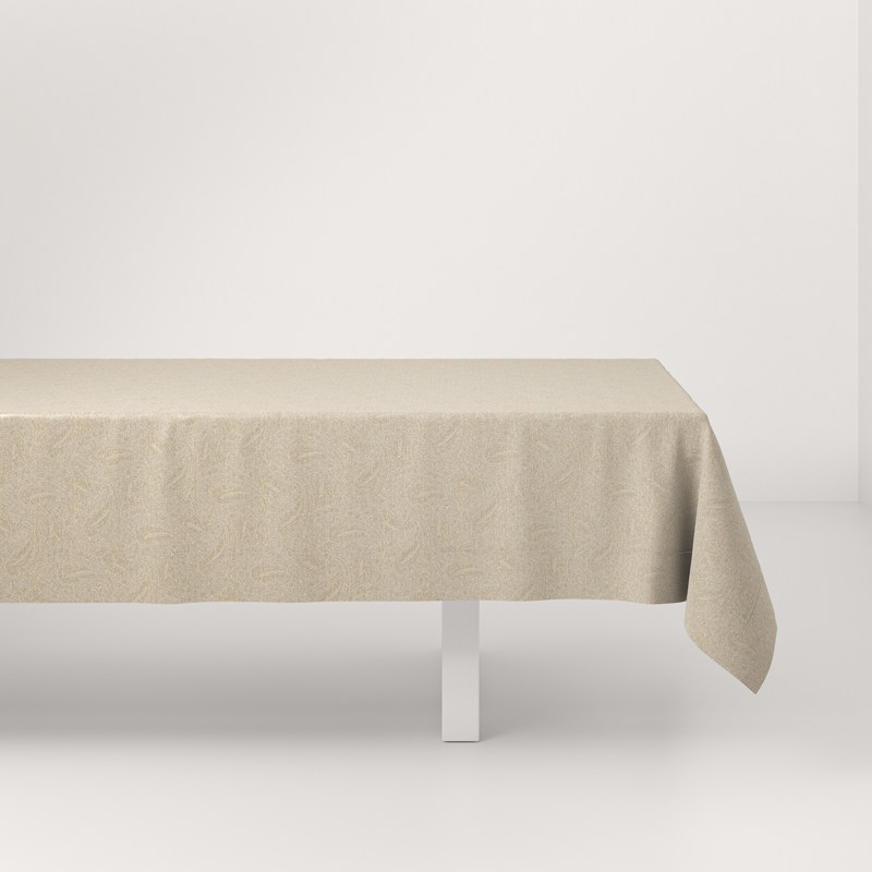 A white table with a beige tablecloth on it.