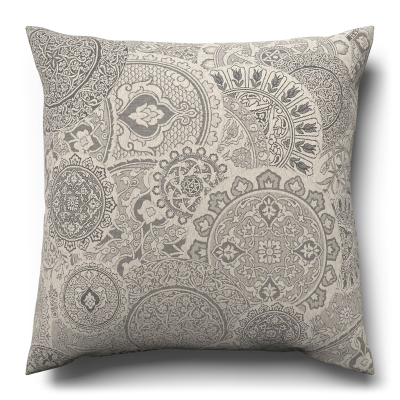 A gray and white cushion on a white background.