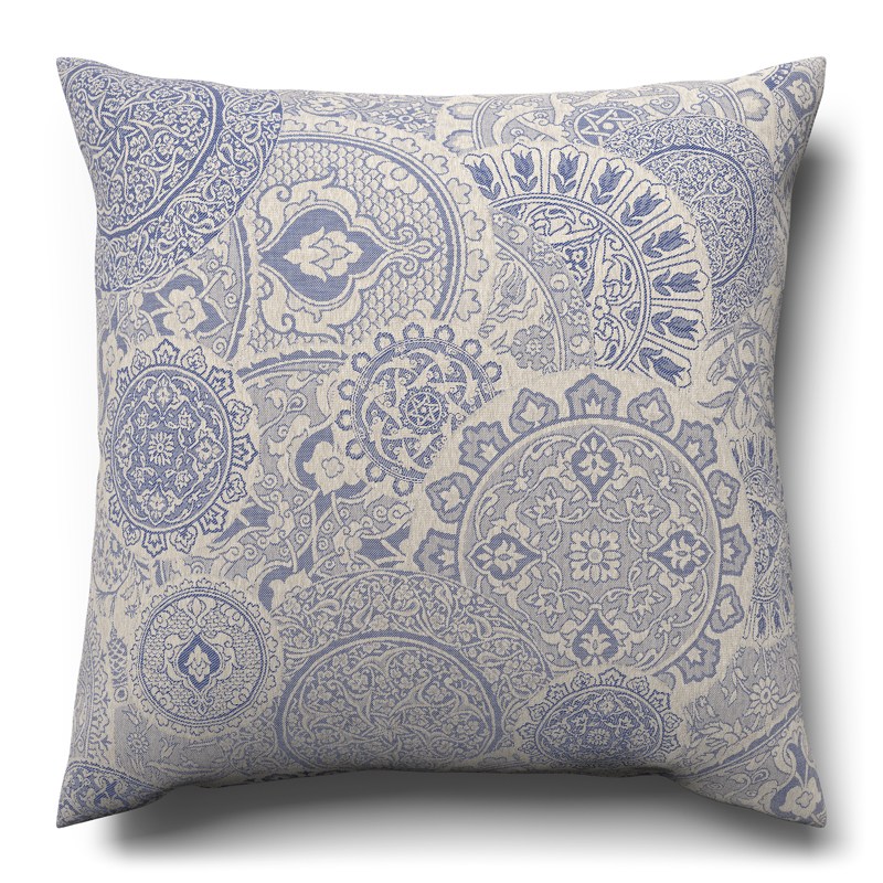 A blue and white cushion on a white background.