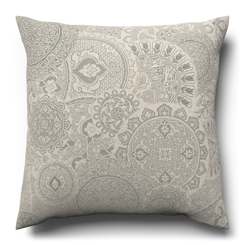 A cushion with a paisley pattern on it.