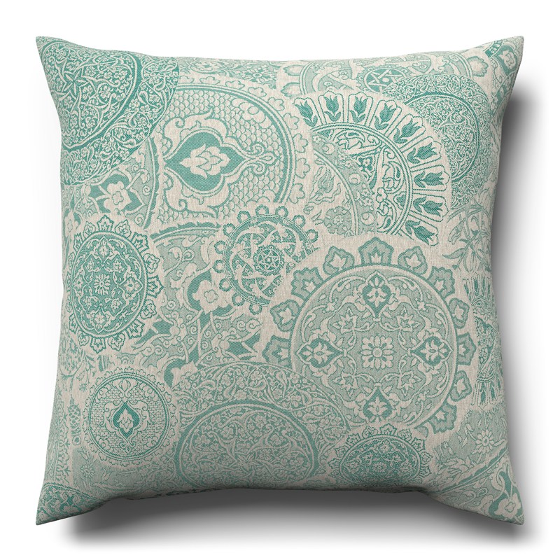 A green and white cushion on a white background.