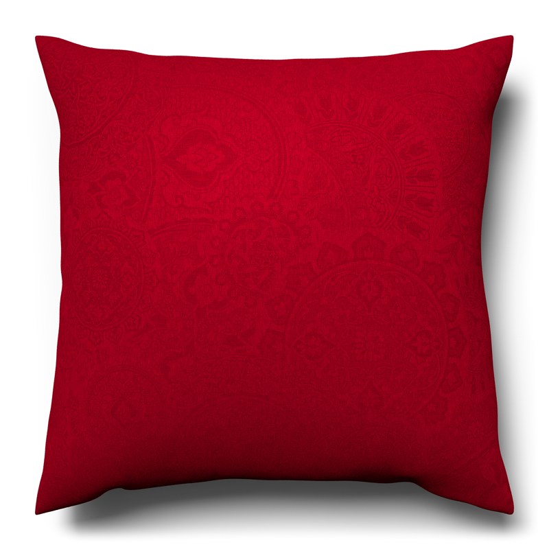 A red cushion on a white background.