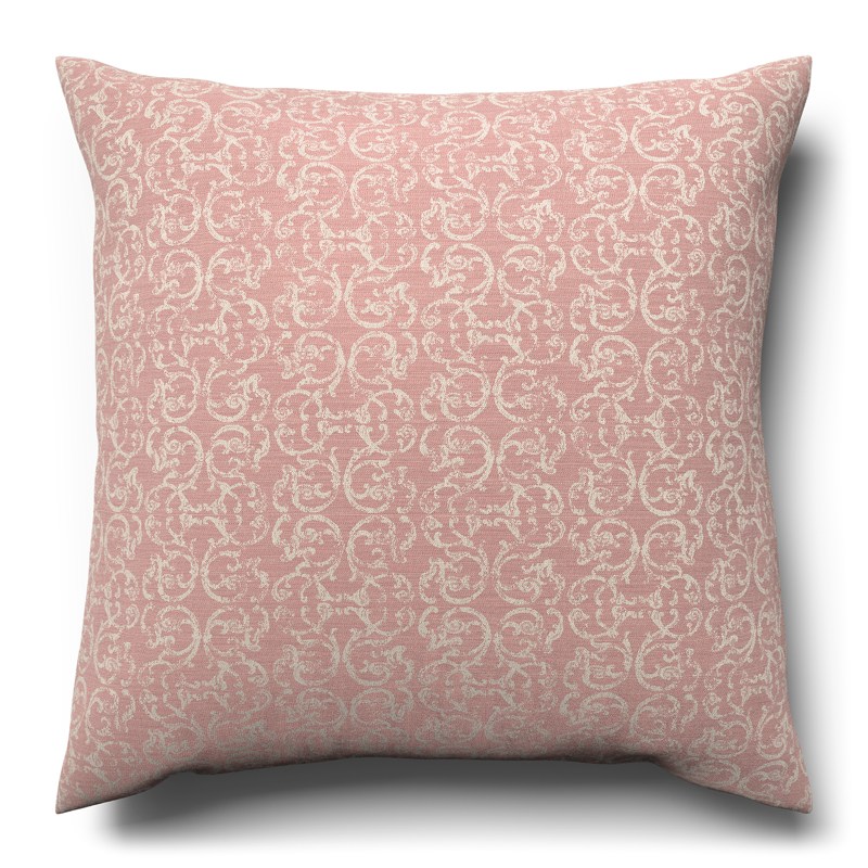 A pink and white cushion on a white background.